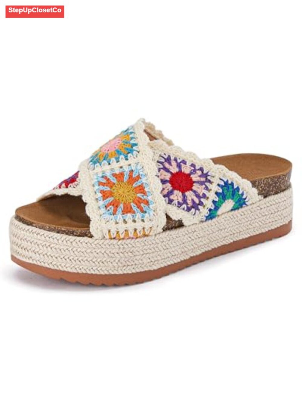 Espadrille Flatform Sandals Floral Crochet Open Toe Slide Slip On 2.2in Heel